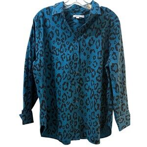 Chicos Button Up Shirt Womens Size XL (16) 3 Blue Black Leopard Animal Print Top